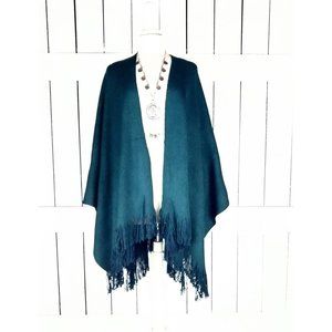 Solid green woven fringe blanket kimono cover up